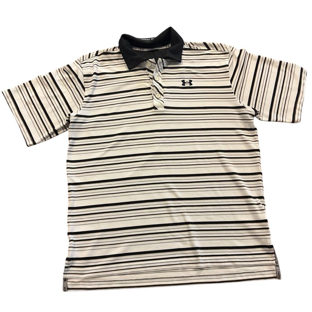 Under Armour Medium Striped White Black Collared Short Sleeve Polyester Blend
